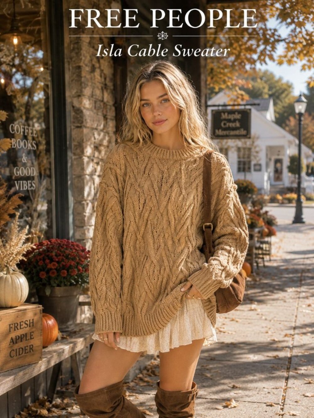 Free People Isla Cable Sweater XS Camel Oversized Chunky Knit Boho